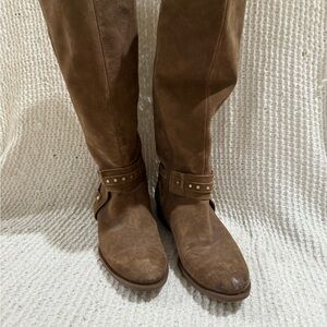 Brown Knee-High Boots with Studded Strap